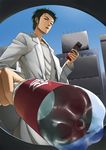  bad_id bad_pixiv_id black_hair bottle cellphone dr_pepper facial_hair foreshortening from_below gonoike_biwa labcoat male_focus okabe_rintarou phone product_placement solo steins;gate stubble 