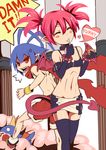  1boy 1girl ^_^ anger_vein antenna_hair bare_shoulders bikini_top blue_hair blush_stickers closed_eyes demon_girl disgaea eating english etna fangs kicking kouzilow laharl midriff navel prinny red_eyes red_hair red_shorts scarf short_twintails shorts spoon stepped_on stomping tail thighhighs twintails wings zettai_ryouiki 