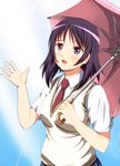  atsuko black_hair diesel-turbo minami-ke purple_eyes school_uniform short_hair solo sweater_vest umbrella 