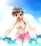  :d bare_shoulders bikini blue_eyes bow brown_hair cloud collarbone day frills hair_bow highres ikeda_jun_(mizutamari) midriff navel open_mouth original outstretched_arms print_bikini side_ponytail sky smile solo spread_arms star star_print swimsuit water 