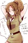  ahoge arms_behind_head arms_up axis_powers_hetalia bad_id bad_pixiv_id blush brown_hair collar genderswap genderswap_(mtf) long_hair military military_uniform necktie northern_italy_(hetalia) one_eye_closed ponytail r_(corolla) simple_background solo standing sweat text_focus translation_request uniform wavy_hair yellow_eyes 