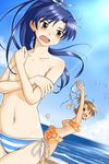  bad_id bad_pixiv_id beach bikini bird blush bra breast_padding breasts brown_eyes brown_hair clothes_theft covering covering_breasts day futami_ami idolmaster idolmaster_(classic) kisaragi_chihaya lingerie long_hair multiple_girls navel nipples open_mouth outdoors punto sand short_hair side_ponytail small_breasts smile swimsuit swimsuit_theft tears theft underwear water 
