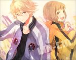  1girl blonde_hair bodysuit green_eyes huang_baoling ivan_karelin jacket letterman_jacket open_mouth orange_bodysuit purple_eyes purple_jacket short_hair smile tiger_&amp;_bunny tomekichi 