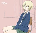  2011 black_eyes blonde_hair chair classroom dated earbuds earphones kon_futaba peg school_uniform short_hair sitting solo soredemo_machi_wa_mawatteiru 