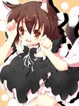  :3 alternate_costume animal_ears bell black_dress blush brown_hair cat_ears cat_tail chen dress fang haruyonoto multiple_tails nekomata no_hat no_headwear open_mouth paw_pose red_eyes solo tail touhou 