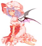  barefoot bat_wings blue_hair drawr fang feet full_body hat kneeling mimizubare oekaki red_eyes remilia_scarlet ribbon short_hair simple_background smile solo touhou wings 