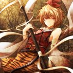  animal_print blonde_hair detached_sleeves hair_ornament polearm red_eyes shirayuki_mutsumi smile solo tiger_print toramaru_shou touhou tree weapon 