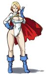 blonde_hair blue_eyes blue_footwear boots breasts butcha-u cape cleavage dc_comics full_body gloves large_breasts power_girl solo 