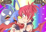 1girl anger_vein angry antenna_hair blush demon_girl disgaea disgaea_infinite earrings etna heaven_condition jewelry kiss kouzilow laharl prinny red_eyes red_hair scarf short_twintails spoon translated twintails wings 