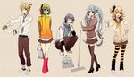  3girls boots broom bucket casual dustpan eraser green_hair gumi hatsune_miku headphones hima_(ab_gata) kagamine_len kagamine_rin kaito multiple_boys multiple_girls necktie pantyhose rag rubber_boots school_uniform skirt sleeves_pushed_up striped striped_legwear thighhighs twintails vocaloid zettai_ryouiki 