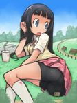  ass bench bike_shorts black_hair blue_eyes book drink giantess kneehighs long_hair okera open_mouth original school_uniform sign solo translated tree 