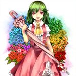  ascot closed_umbrella colorful dress_shirt floral_background flower green_hair kazami_yuuka open_mouth plaid plaid_skirt plaid_vest rainbow_order red_eyes revision ringpearl shirt skirt skirt_set smile solo touhou umbrella vest 