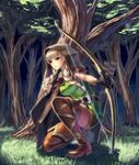  arrow boots bow_(weapon) braid cloak cuboon dragon's_crown elf elf_(dragon's_crown) forest gloves hood long_hair nature one_knee pointy_ears purple_eyes solo thigh_boots thighhighs tree twin_braids weapon white_hair 