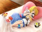  alarm_clock alice_margatroid bed bed_sheet blonde_hair blue_eyes character_doll clock doll ginto highres kirisame_marisa lying on_side one_eye_closed pillow solo touhou 