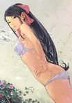  black_eyes black_hair bra carina_(xiaowoo) dutch_angle flower hand_on_hip highres lingerie long_hair original panties solo standing underwear underwear_only water wet wet_clothes 