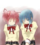  blue_eyes blue_hair hair_ornament hair_ribbon hairclip kagiana kaname_madoka mahou_shoujo_madoka_magica miki_sayaka multiple_girls plaid plaid_skirt ribbon school_uniform short_twintails skirt tears twintails 