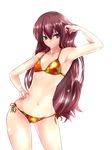  adjusting_hair armpits bikini blush brown_hair collarbone contrapposto flat_chest hand_in_hair hand_on_hip highres hips k2isu long_hair navel original side-tie_bikini smile solo standing sunlight swimsuit wide_hips yellow_eyes 