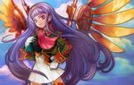  cloud coat collar espgaluda long_hair moreshan purple_eyes purple_hair seseri_(espgaluda) sidelocks skirt sky smile solo star tiara wings 