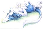  blue blue_fur fur lying male on_back plain_background rage1986 sergal sleeping solo white_background 