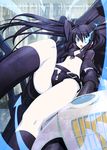  47agdragon belt bikini_top black_hair black_legwear black_rock_shooter black_rock_shooter_(character) blue_eyes boots burning_eye chain foreshortening gloves glowing glowing_eye highres jacket long_hair midriff navel open_clothes open_jacket open_mouth pale_skin solo very_long_hair 