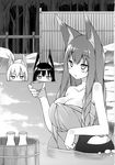  3girls absurdres alcohol animal_ears arm_support bare_shoulders blush body_blush braid breast_envy breasts bubble bucket choko_(cup) flat_gaze fox_ears frown halftone highres kemonomimi kitsune_(poko) kitsunemimi kuroino_(poco) kuromitsu_nene large_breasts long_hair moire momoyama_tsutsune monochrome multiple_girls naked_towel onsen original poco poco_(asahi_age) poko sake scan screentones shiratama_kitsune stare staring tokkuri towel twin_braids water 