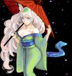  animal_ears bare_shoulders blue_eyes breasts cherry_blossoms cleavage drawr fox_ears grey_hair japanese_clothes kimono large_breasts long_hair oboro_muramasa oekaki oriental_umbrella petals solo umbrella very_long_hair water yuzuruha 