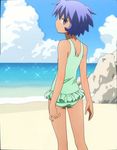  beach blue_eyes blue_hair clouds hands_at_side looking_back_at_viewer looking_over_shoulder ocean one_piece_frilly_bikini short_hair sky softenni sparkles stitch tagme water 