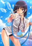  black_hair blush day dress_shirt grey_eyes honoji hose natsumi_(honoji) one_eye_closed original outdoors shirt solo wet 