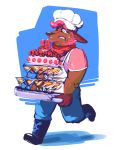  anthro beard brown_fur cake canid canine canis chef_hat clothed clothing facial_hair food footwear frown fully_clothed fur hair hat holding_object male mammal pants pink_hair running shoes smutbooru solo sweat tears wine_glass wolf yellow_eyes 