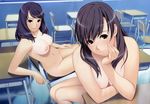  2girls absurdres black_hair blue_hair brown_eyes classroom dark_skin desk hands high_res less_breasts long_hair nipples nude oppai red_eyes short_hair siblings sitting smile tanlines tanned twins yanagawa_amane yanagawa_misaki yoshikira 