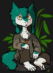  background cel_shading cell_shaded chest-tuft chest_tuft claws clothed clothing cub grass jakk jewelry looking_at_viewer necklace plant sergal simple_background solo trancy_mick tuft young 