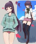  ao_no_exorcist directional_arrow eyebrows hair_tie hands_in_pockets highres hood hoodie kamiki_izumo long_hair multiple_views panties pleated_skirt ponytail purple_hair red_eyes school_uniform short_eyebrows skirt tarayama thighhighs thighs twintails underwear very_long_hair zipper 