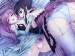  2girls bed black_hair breast_grab dress game_cg green_eyes long_hair nipples open_mouth pantsu pink_hair tagme thighhighs twin_tails yuri 