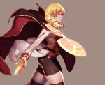  1girl bike_shorts blonde_hair boots cape drill_hair erika_wagner red_eyes shield suwaiya sword thigh_boots thighhighs thighs under_night_in-birth weapon 
