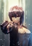  ctiahao fingerless_gloves ghost_in_the_shell ghost_in_the_shell_stand_alone_complex gloves gun highres jacket kusanagi_motoko pointing_weapon purple_hair rain red_eyes solo weapon 