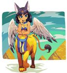  animal_ears blue_eyes cloud egyptian feline female loincloth mammal pyramid solo sphinx sphynx tail taur unknown_artist wings 