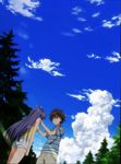  blue_eyes brown_hair clouds hands_on_shoulder hoshizora_e_kakaru_hashi kazuma_hoshino koumoto_madoka long_dark_hair shorts sky trees upwards_perspective yellow_tank_top 