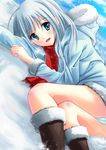  aqua_eyes blush boots dutch_angle fur_boots hood hooded_jacket jacket looking_at_viewer lying on_side open_mouth original panties scarf shiraha silver_hair smile snow solo ugg_boots underwear 