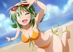  bad_id bad_nicoseiga_id barefoot beach bikini blush bracelet breasts cleavage cloud day eyewear_on_head front-tie_top givuchoko green_eyes green_hair gumi highres hips jewelry large_breasts leg_up navel one_eye_closed open_mouth outdoors shading_eyes short_hair side-tie_bikini sky solo sunglasses swimsuit vocaloid 