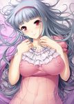  blush breasts covered_nipples hairband highres idolmaster idolmaster_(classic) kirin_kakeru large_breasts long_hair lying nipples on_back purple_hairband red_eyes see-through shijou_takane silver_hair smile solo 