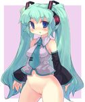  aqua_hair bad_id bad_pixiv_id blue_eyes bottomless detached_sleeves fat_mons hatsune_miku headphones long_hair necktie pussy solo tsuderou twintails uncensored vocaloid 