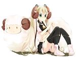  animal_ears bare_shoulders bell blonde_hair detached_sleeves green_eyes hatsune_miku horns knitting knitting_needle long_hair midriff needle sheep sheep_ears sheep_horns sitting skirt solo taicho128 thighhighs twintails very_long_hair vocaloid 