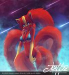  bikini blue_eyes breasts canine female fox kitsune looking_at_viewer molly_fullin multiple_tails red skimpy solo tail tofu93 