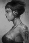  bare_shoulders breasts greyscale headphones lips medium_breasts monochrome pepper_project short_hair sideboob signature sketch solo stanley_lau tattoo upper_body 