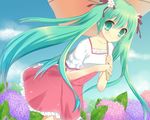  bad_id bad_pixiv_id day dress flower green_eyes green_hair hair_flower hair_ornament hair_ribbon hatsune_miku highres long_hair melt_(vocaloid) p0ckylo ribbon sky smile solo twintails umbrella very_long_hair vocaloid 