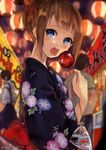  bag bagged_fish blonde_hair blue_eyes blush candy_apple festival fish floral_print flower food goldfish japanese_clothes kimono looking_at_viewer morning_glory open_mouth original pisuke solo_focus tongue tongue_out water 