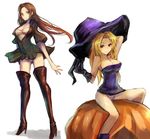  blonde_hair boots breasts brown_eyes brown_hair cleavage dress duplicate gloves hairband hat high_heels jewelry kara_(color) large_breasts long_hair multiple_girls necklace panties pantyshot pantyshot_(sitting) pumpkin purple_eyes shoes simple_background sitting smile tactics_ogre thigh_boots thighhighs underwear upper_body witch_hat 
