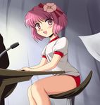  alternate_costume bare_legs blush_stickers buruma chair commentary_request flower flx gym_uniform hair_ornament hieda_no_akyuu microphone open_mouth pink_eyes pink_hair sitting solo touhou 