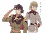  barnaby_brooks_jr blonde_hair brown_eyes brown_hair capelet earth_federation epaulettes facial_hair glasses gloves green_eyes gundam jacket kaburagi_t_kotetsu male_focus man_dam multiple_boys parody salute stubble tiger_&amp;_bunny uniform zeon 