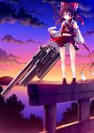  ascot bad_proportions bow brown_hair detached_sleeves gun hair_bow hair_tubes hakurei_reimu huge_weapon katana midriff navel night red_eyes saki_chisuzu scabbard sheath sheathed shirt skirt skirt_set sky solo standing standing_on_object standing_on_torii sunset sword torii touhou twilight weapon 